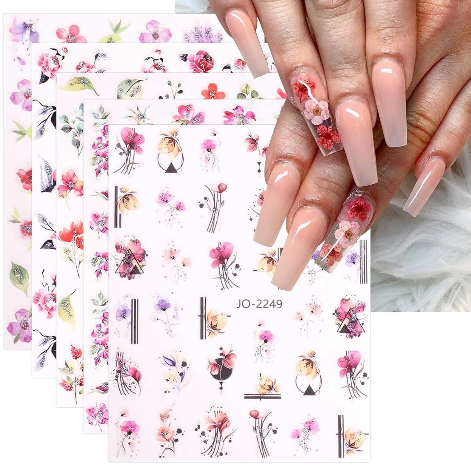 JMEOWIO Nagelsticker Frühling Blume 12 Blatt Nail Art Sticker Selbstklebend Nagelaufkleber Blätter Decoratie Nageldesign Zubehör