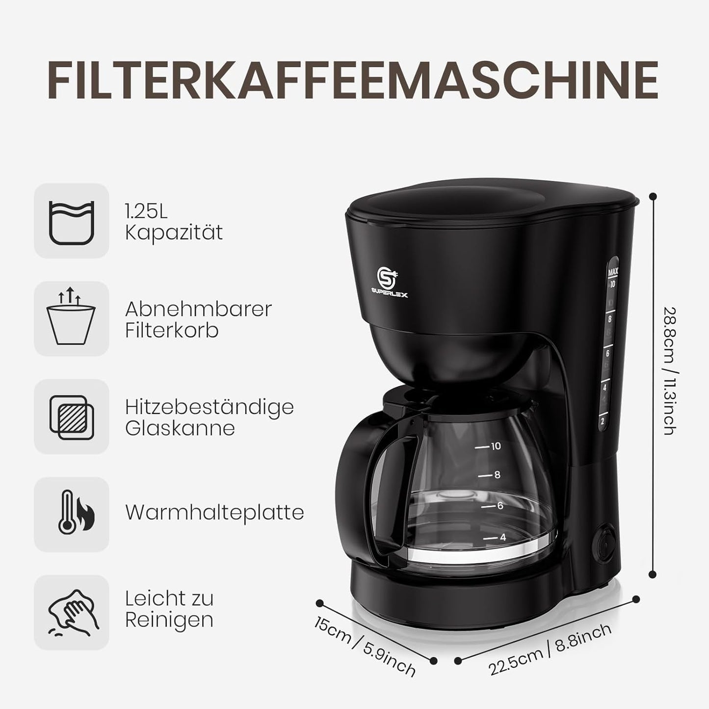 Filterkoffiezetapparaat van 1,25 liter voor 10 kopjes filterkoffie, vaatwasmachinebestendige glazen karaf, thermoskan, antidruppelsysteem, automatische uitschakeling, 600 W, waterloze kookbeveiliging voor thuis en op kantoor