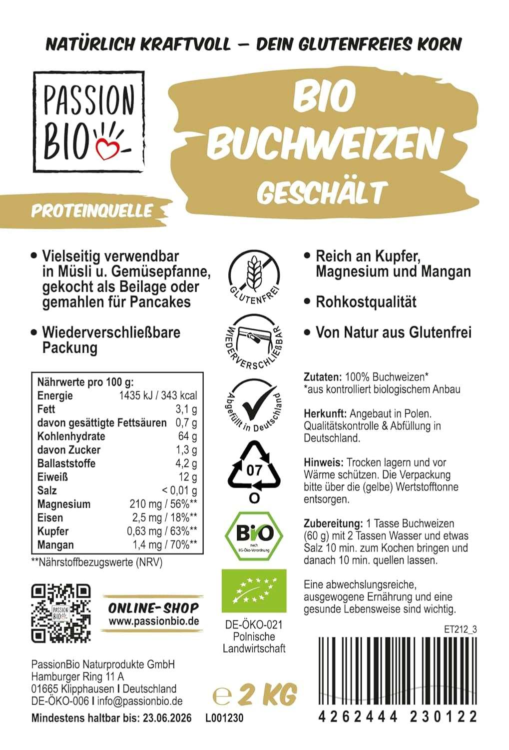 PassionBio biologische boekweit 2 kg - hersluitbare verpakking - raw food kwaliteit