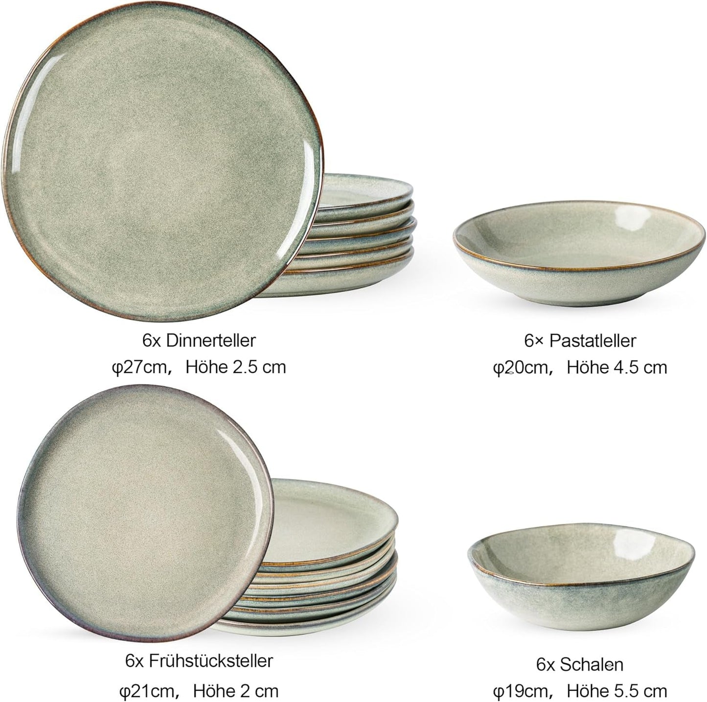 GBhome 6-persoons keramische serviesset, 24-delig, reactief glazuur, handgemaakt, magnetron- en vaatwasserbestendig, kom en bordenset Desret Sage GDW007GY-24P-EU