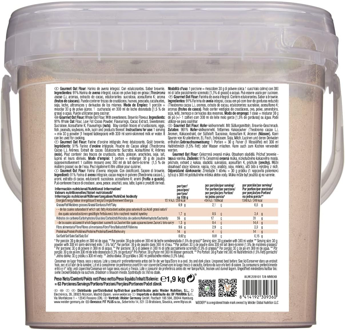 Weider Gourmet Havermout (1,9 kg) brownie smaak. Volkoren havermout. Eiwitbron met laag suikergehalte.