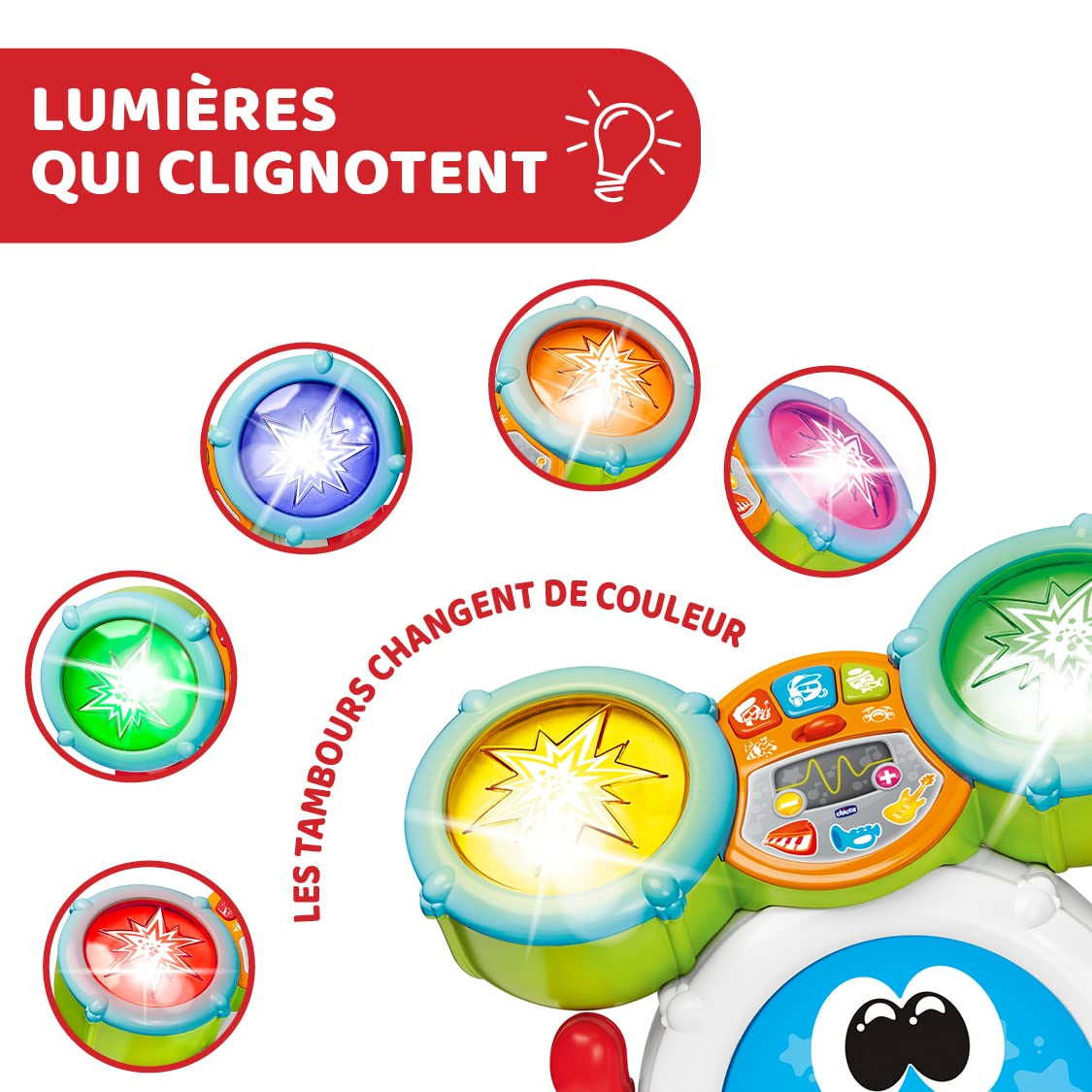Chicco 00009820100000 Mi First Drumset met licht en geluid, 3 speelmodi Muziekinstrument met batterij voor kinderen, veelkleurig, groot Jucarii Bebe Naty Shop