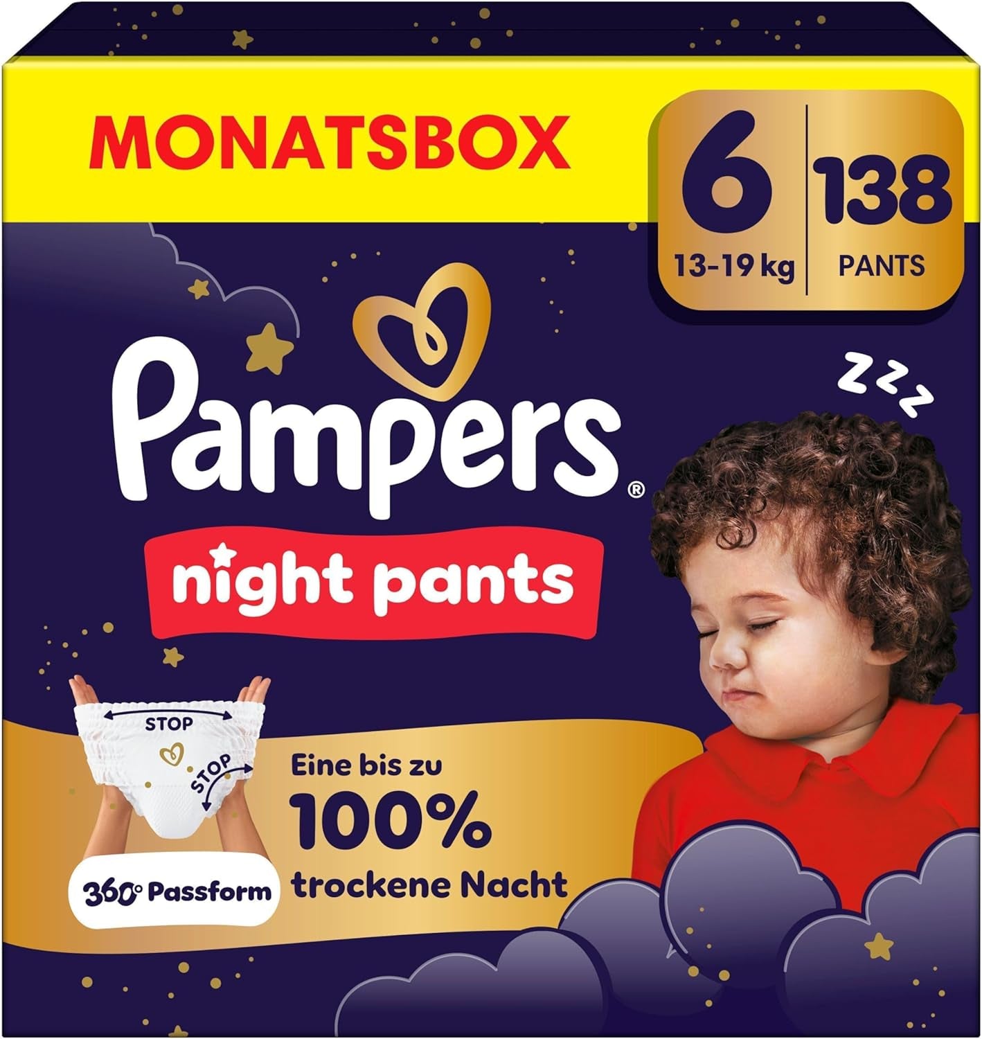 Pampers Night Pants luiers maat 6, 138 stuks, 13kg-19kg, bieden extra bescherming gedurende de hele nacht.