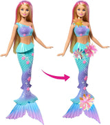Barbie Meerjungfrauen-Spielzeug Puppe mit magischer overraschungs Blüte, Schwanzflosse mit Farbverlauf, perlenbesetzten Haarreif en lang blond Haar met rosa Strehchen, JDM72