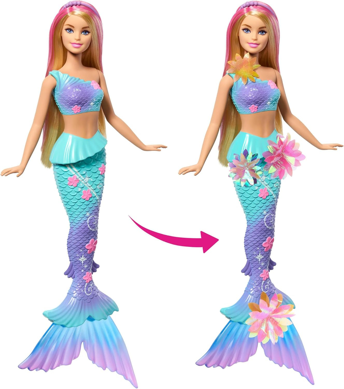 Barbie Meerjungfrauen-Spielzeug Puppe mit magischer overraschungs Blüte, Schwanzflosse mit Farbverlauf, perlenbesetzten Haarreif en lang blond Haar met rosa Strehchen, JDM72