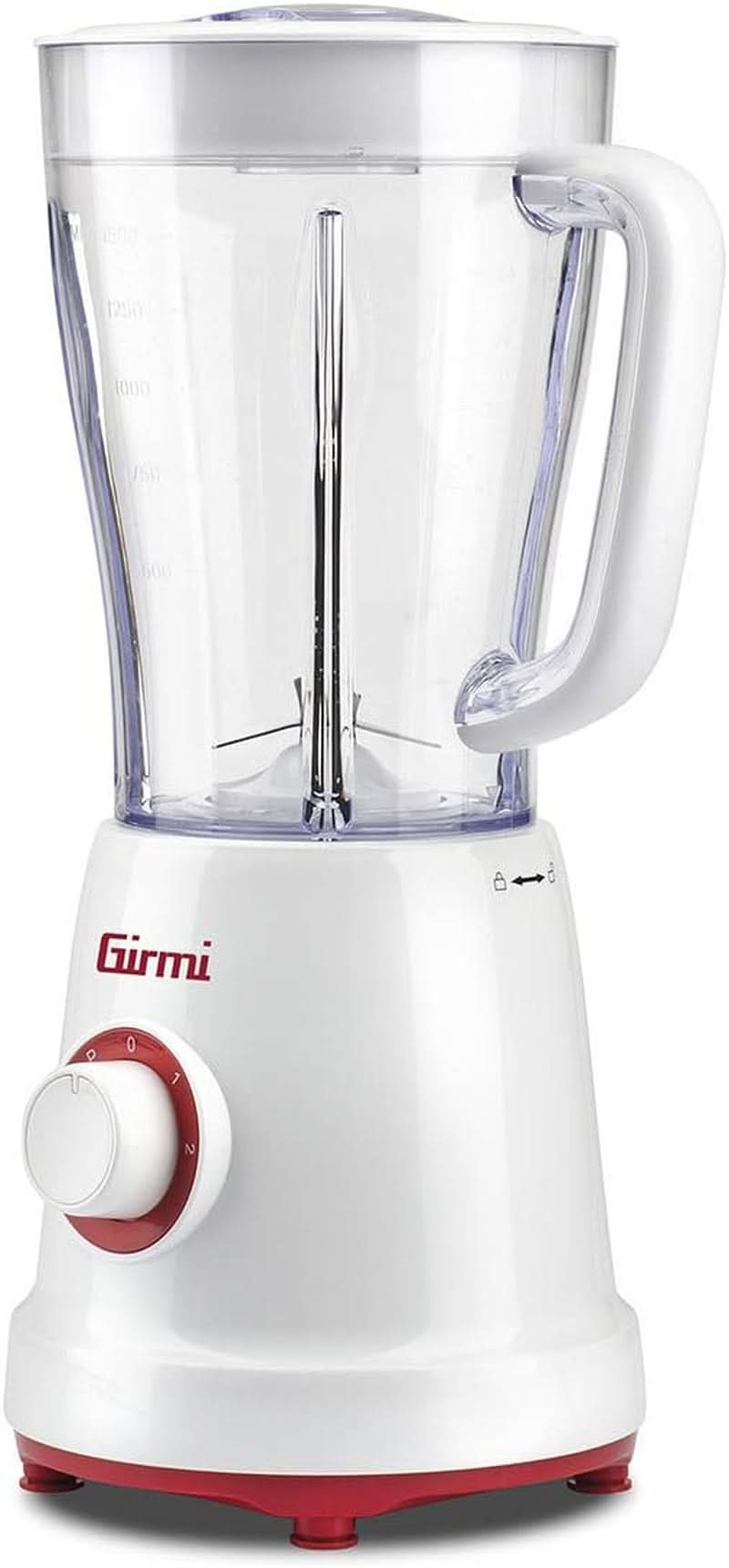 Girmi FR46 Elektrische Mixer, 1,5 Liter, 2 Geschwindigkeiten Met Pulse-Funktion, 4 Edelstahlklingen, Messbecherdeckel, Messbecher Mit Scale, Sicherheitseinrichtung, Weiß/Rot Kitchen Naty Shop