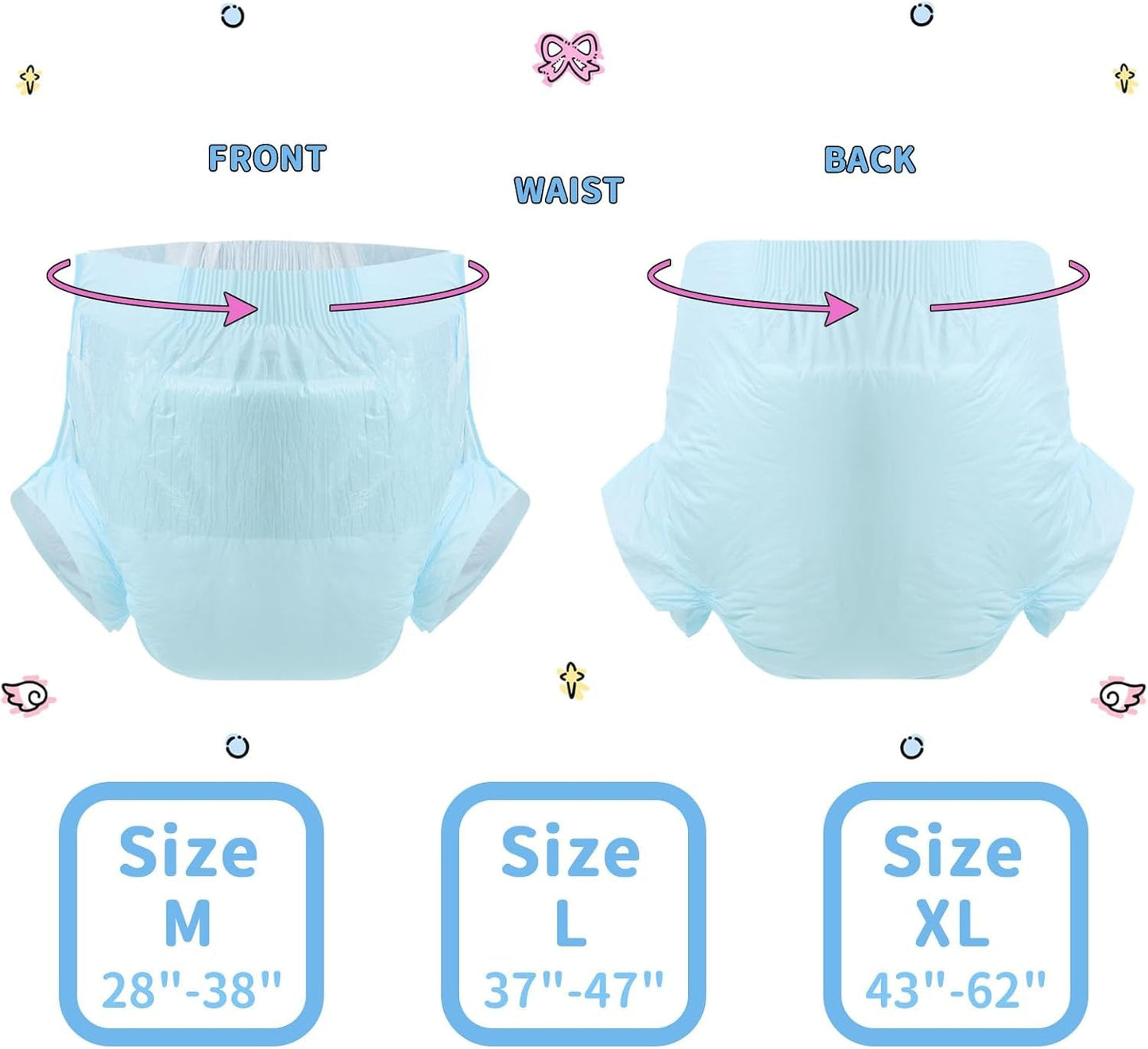 CutiePlusU luiers voor volwassenen, 10-pack wegwerpincontinentieslipjes met lussen voor dames en heren, maximaal absorptievermogen 's nachts - blauw (grote maat 94-119cm)