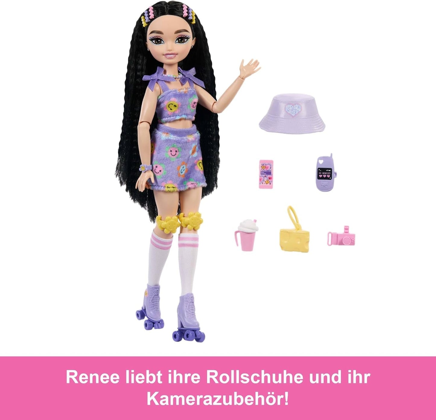 Dream Besties Barbie-pop en accessoires, Fashion Barbie Renee-pop met rolschaatsen en zwart haar, 12 thema-accessoires met video's en eten, JFX99