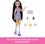 Dream Besties Barbie-pop en accessoires, Fashion Barbie Renee-pop met rolschaatsen en zwart haar, 12 thema-accessoires met video's en eten, JFX99