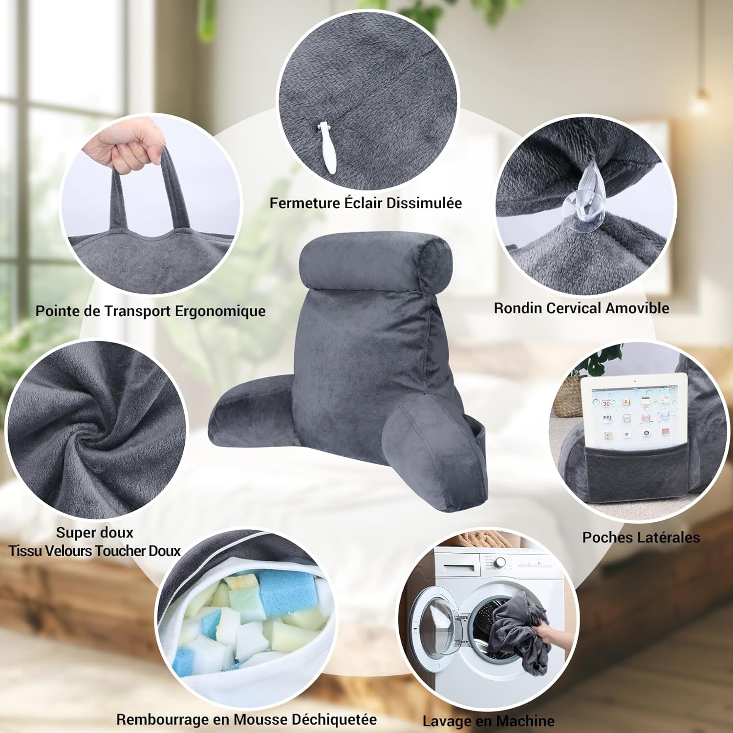 INFANZIA ergonomisch leeskussen met armleuningen, rugsteun van traagschuim, grijs, M