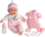 JC Toys - Berenguer Boutique 38 cm zachte, levensechte pop met open/gesloten mond, 10-delige cadeauset, babyfles, rammelaar, fopspeen en accessoires, roze, vanaf 2 jaar