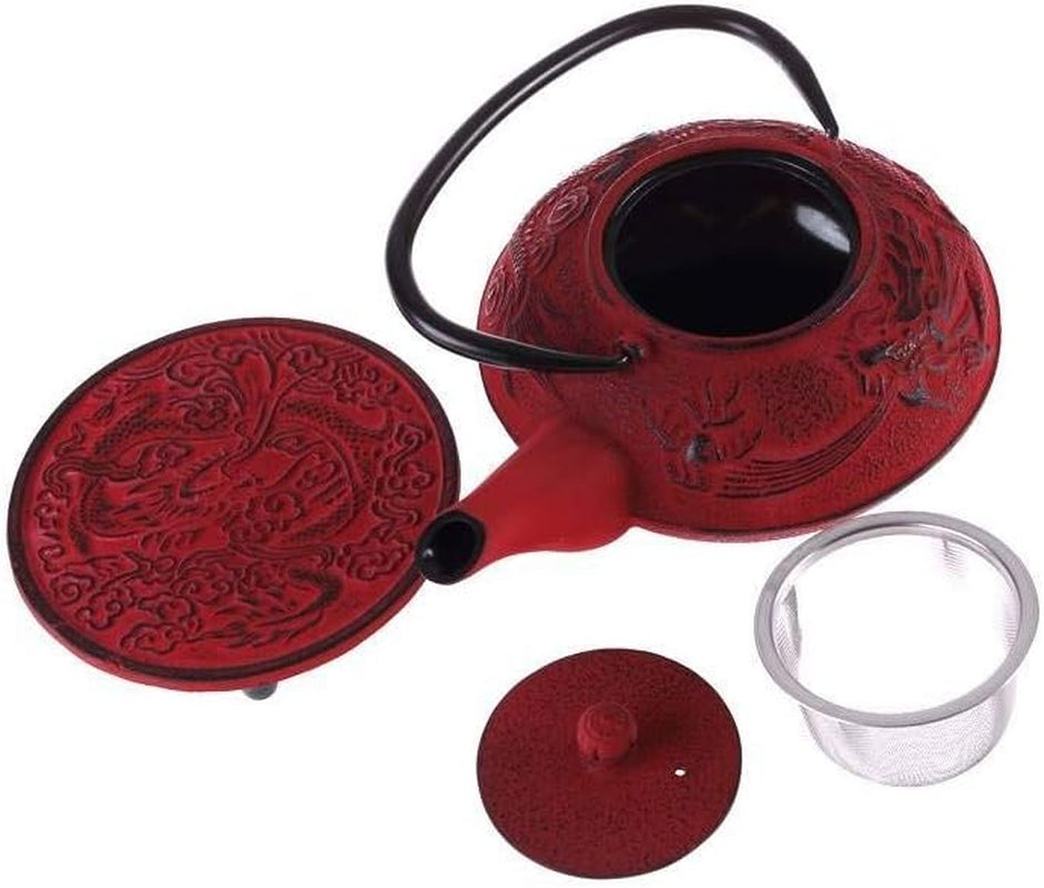 – Chinese Draak Theeservies – 1 Theepot, 4 Gietijzeren Kopjes en Theezeefje – Capaciteit 0,8L – Japans Aziatisch Decor – Cadeau-idee voor Japans Serviesgoed – Kleur Rood