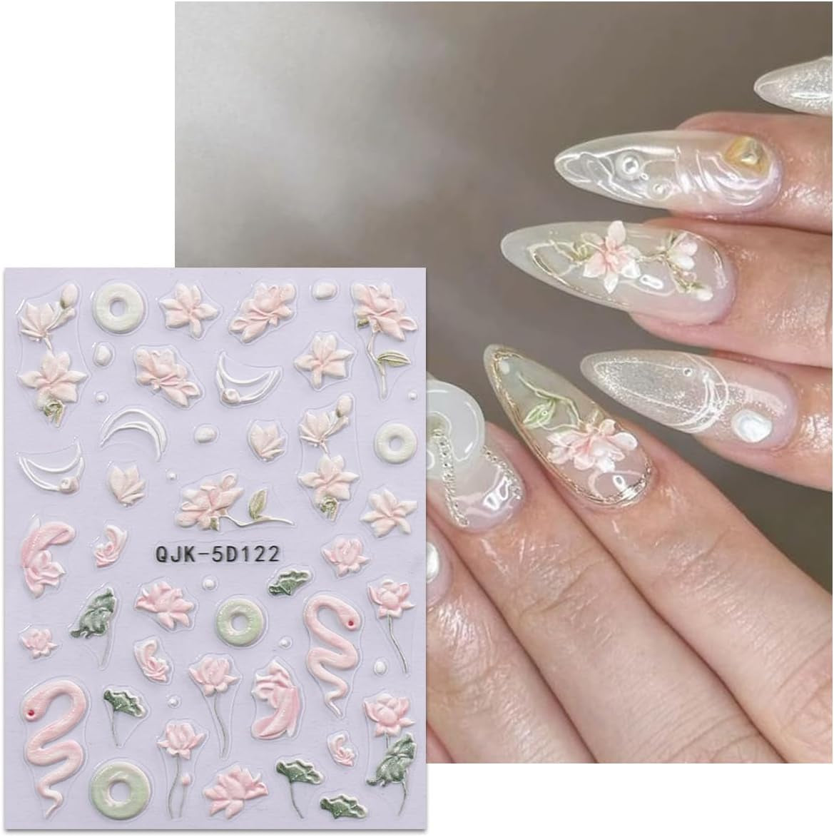JMEOWIO 3D Nagelsticker Blumen Nail Art Sticker Selbstklebend Nagelaufkleber 5D Stereoskopisch Frühling Zomer Decoratie Nageldesign Zubehör 4 Blatt