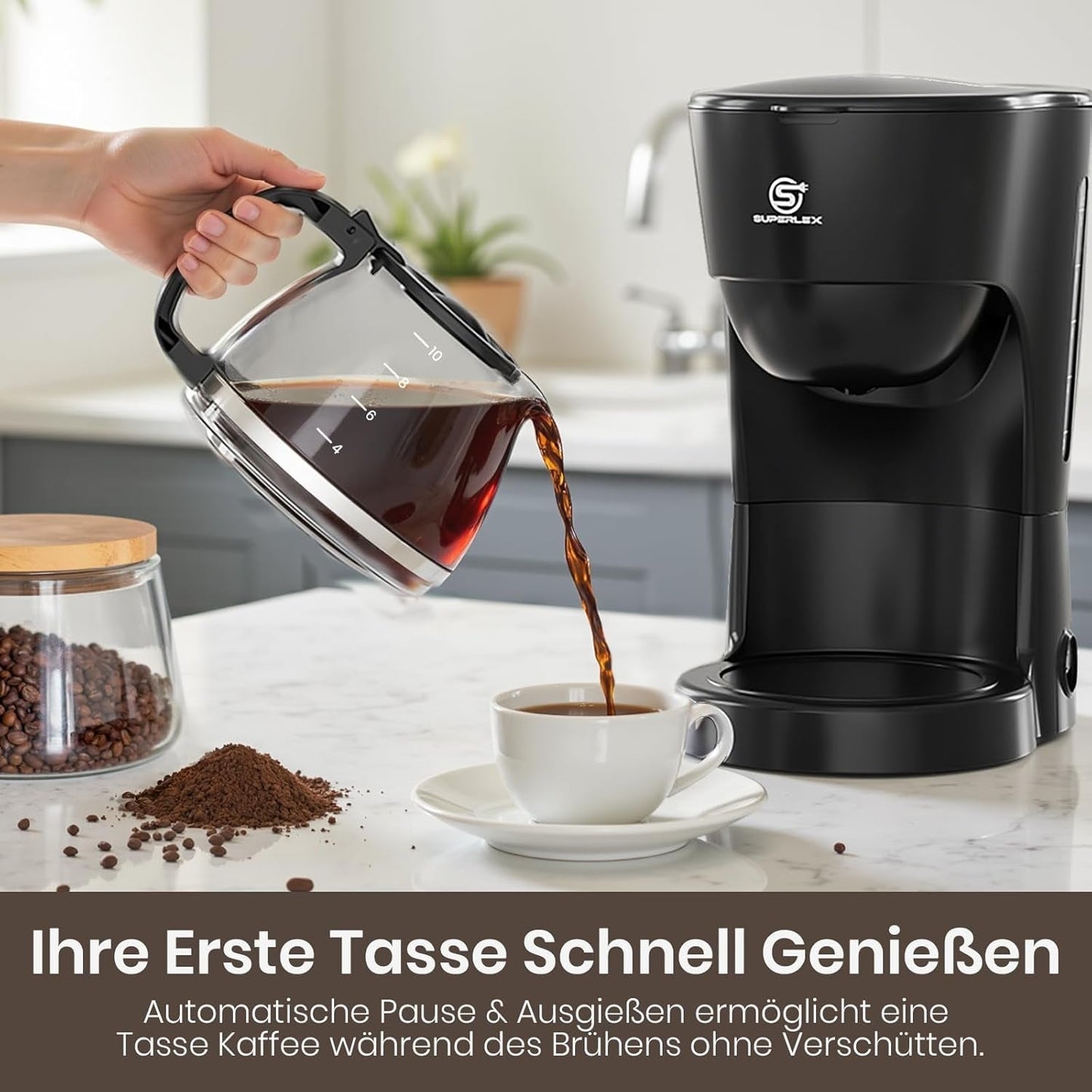 Filterkoffiezetapparaat van 1,25 liter voor 10 kopjes filterkoffie, vaatwasmachinebestendige glazen karaf, thermoskan, antidruppelsysteem, automatische uitschakeling, 600 W, waterloze kookbeveiliging voor thuis en op kantoor