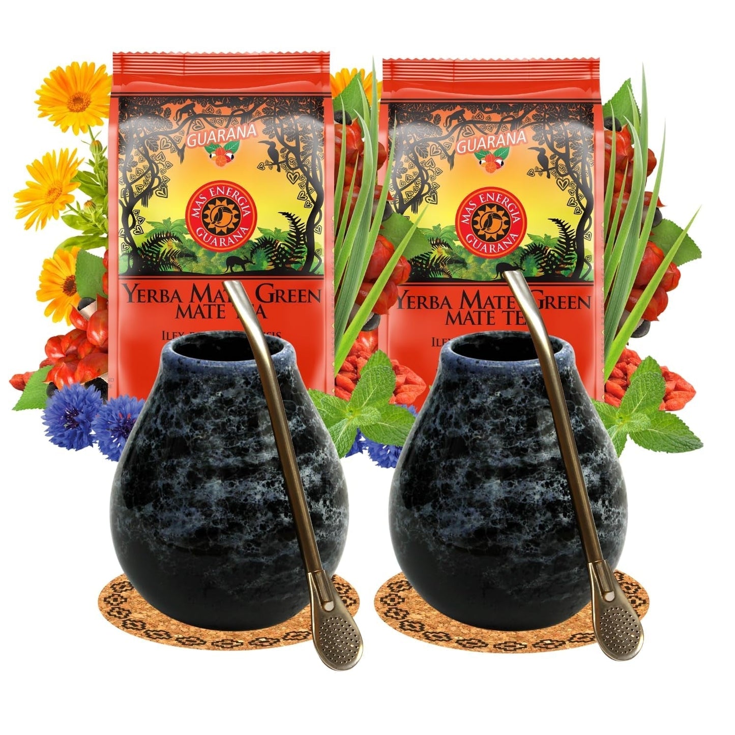 Yerba Mate theeservies voor 2 personen – Mas Energia Guarana 400 g – Marmol Blue keramische mok 350 ml – RVS Bombilla 19 cm – Losse thee 2 x 200 g