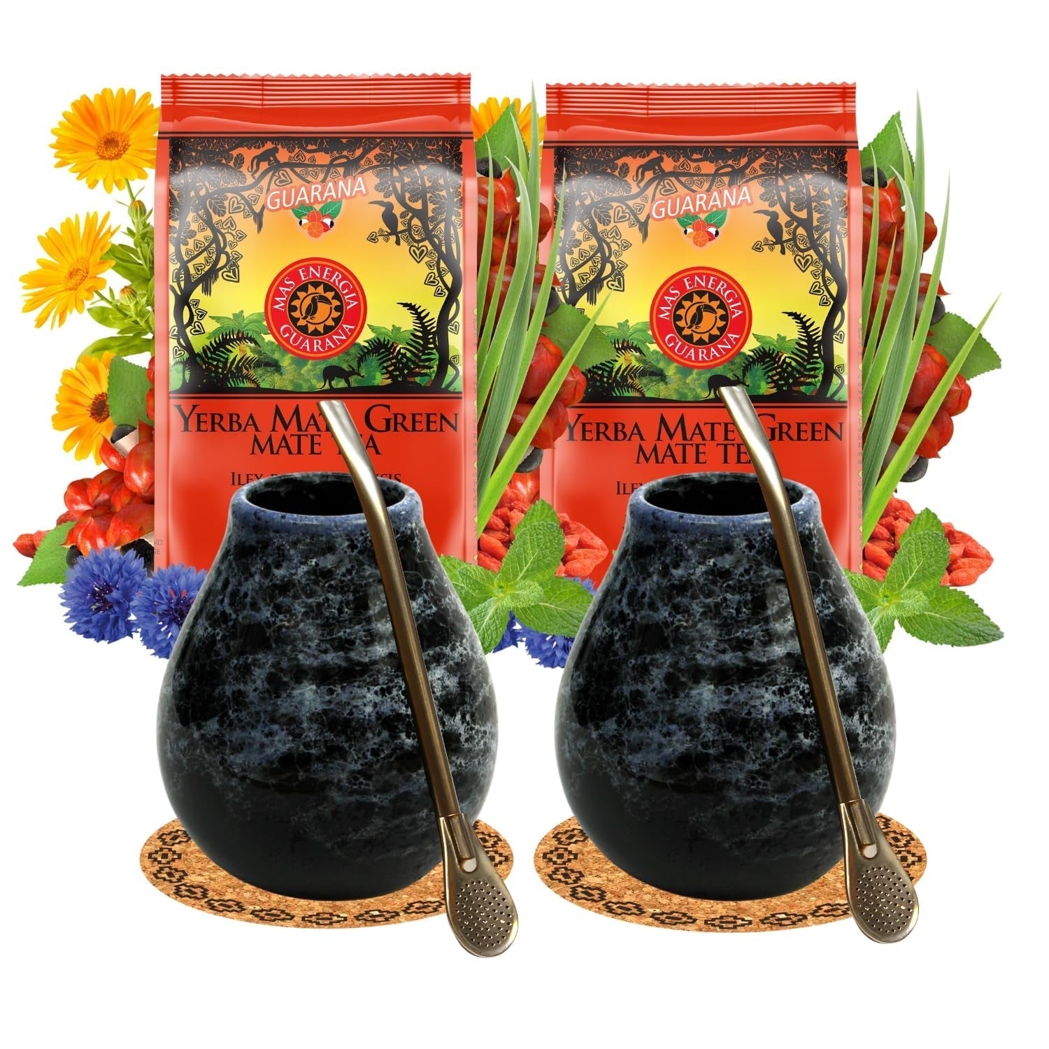 Yerba Mate theeservies voor 2 personen – Mas Energia Guarana 400 g – Marmol Blue keramische mok 350 ml – RVS Bombilla 19 cm – Losse thee 2 x 200 g