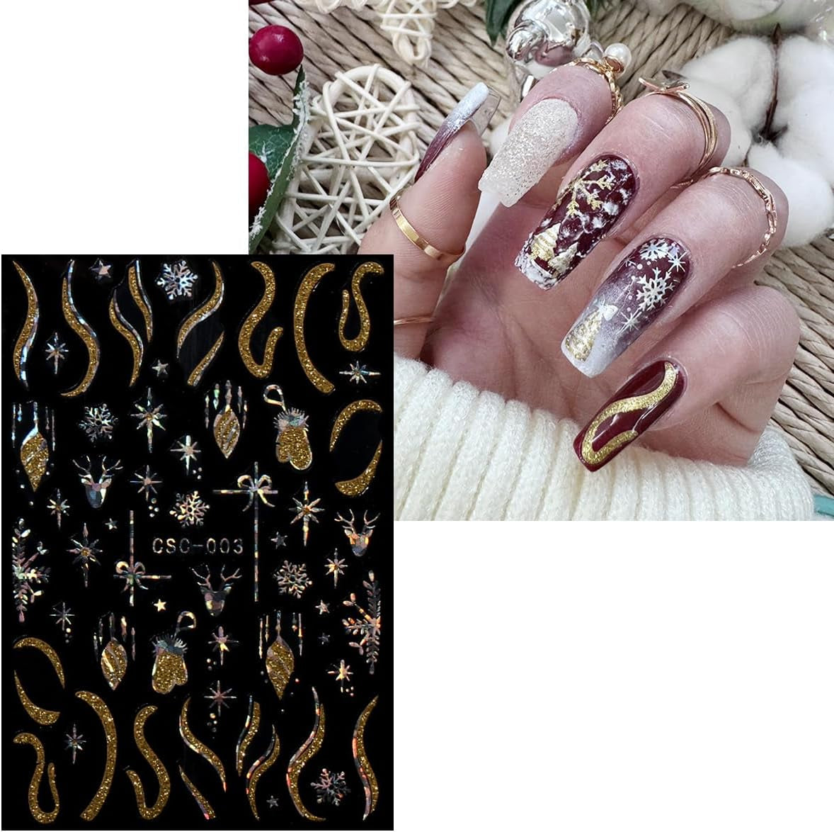 JMEOWIO Nagelsticker Weihnachten Gold Glitter Silber 8 Blatt Nail Art Sticker Selbstklebend Nagelaufkleber Schneeflocke Winterurlaub Decoratie Nageldesign Zubehör
