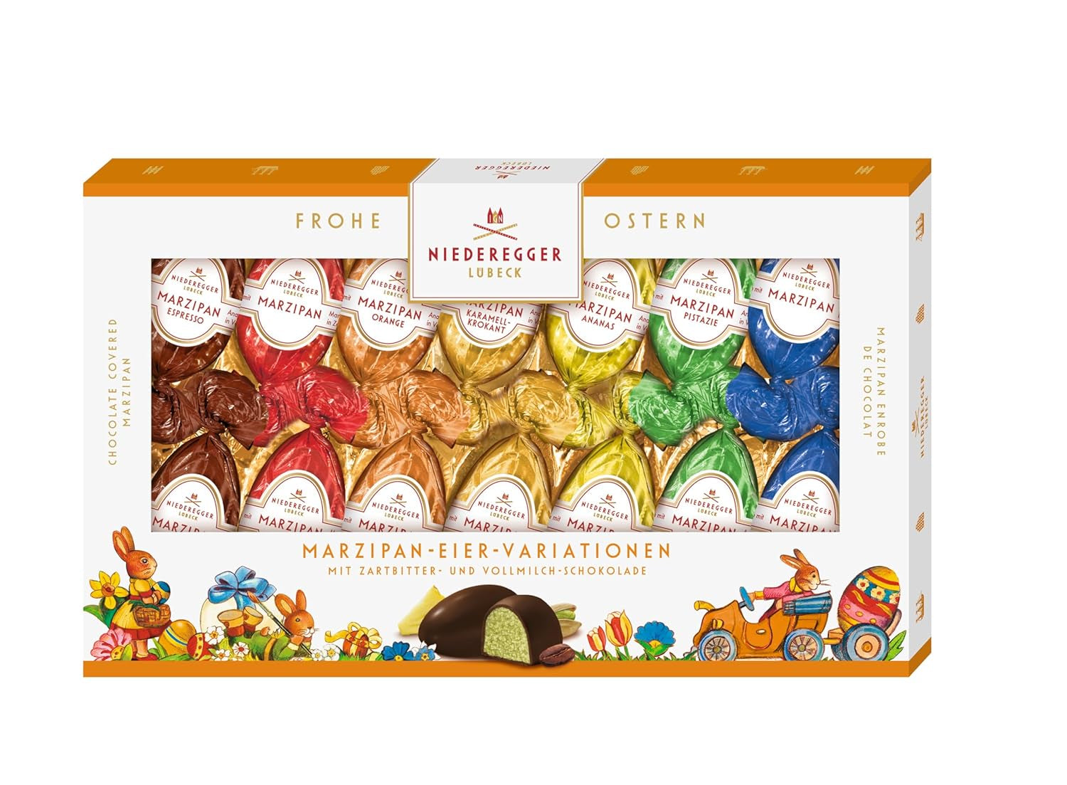 Niederegger | Marsepeinen eieren | 1 x 175 g | Varianten: Klassiek, Melkchocolade, Sinaasappel, Caramel Crunch, Ananas, Espresso en Pistache | Omhuld met pure en melkchocolade | Paascadeau
