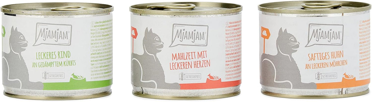 MjAMjAM - Premium Natvoer voor katten - Gemengd pakket I - Kip, Rundvlees, Harten, 6 stuks (6 x 200 g), graanvrij met extra vlees