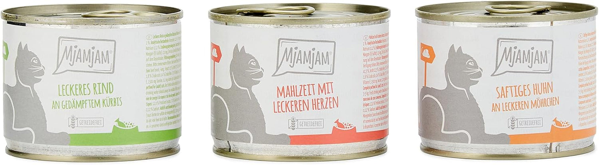 MjAMjAM - Premium Natvoer voor katten - Gemengd pakket I - Kip, Rundvlees, Harten, 6 stuks (6 x 200 g), graanvrij met extra vlees