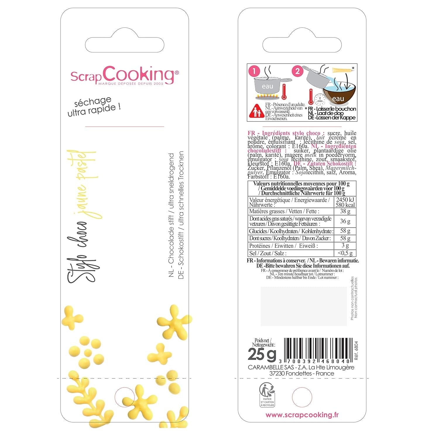 Scrapcooking - Pastelgele suikerpen - Gele schrijfsuiker 25g - Decoratieve eetbare suikerpen - Schrijven en tekenen - Etikettering van fondant, glazuur, cakes - 6804
