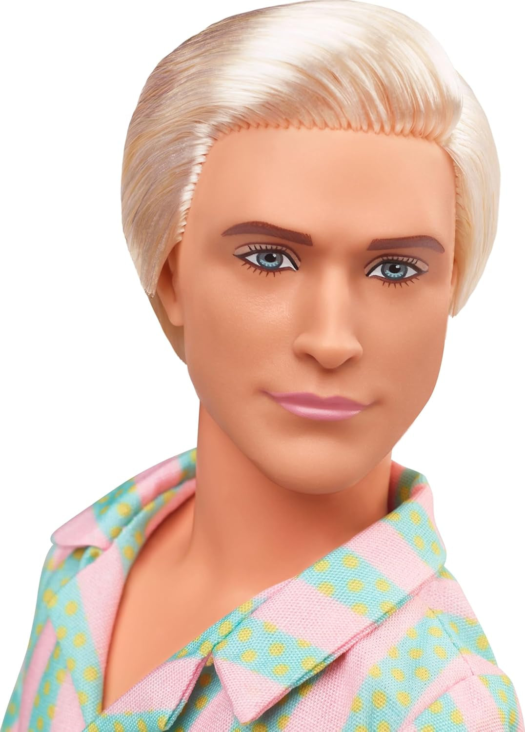 Barbie Movie Ken Barbie-pop in pastelroze en groen gestreepte strandkleding, surfplank en witte sneakers, JBJ54