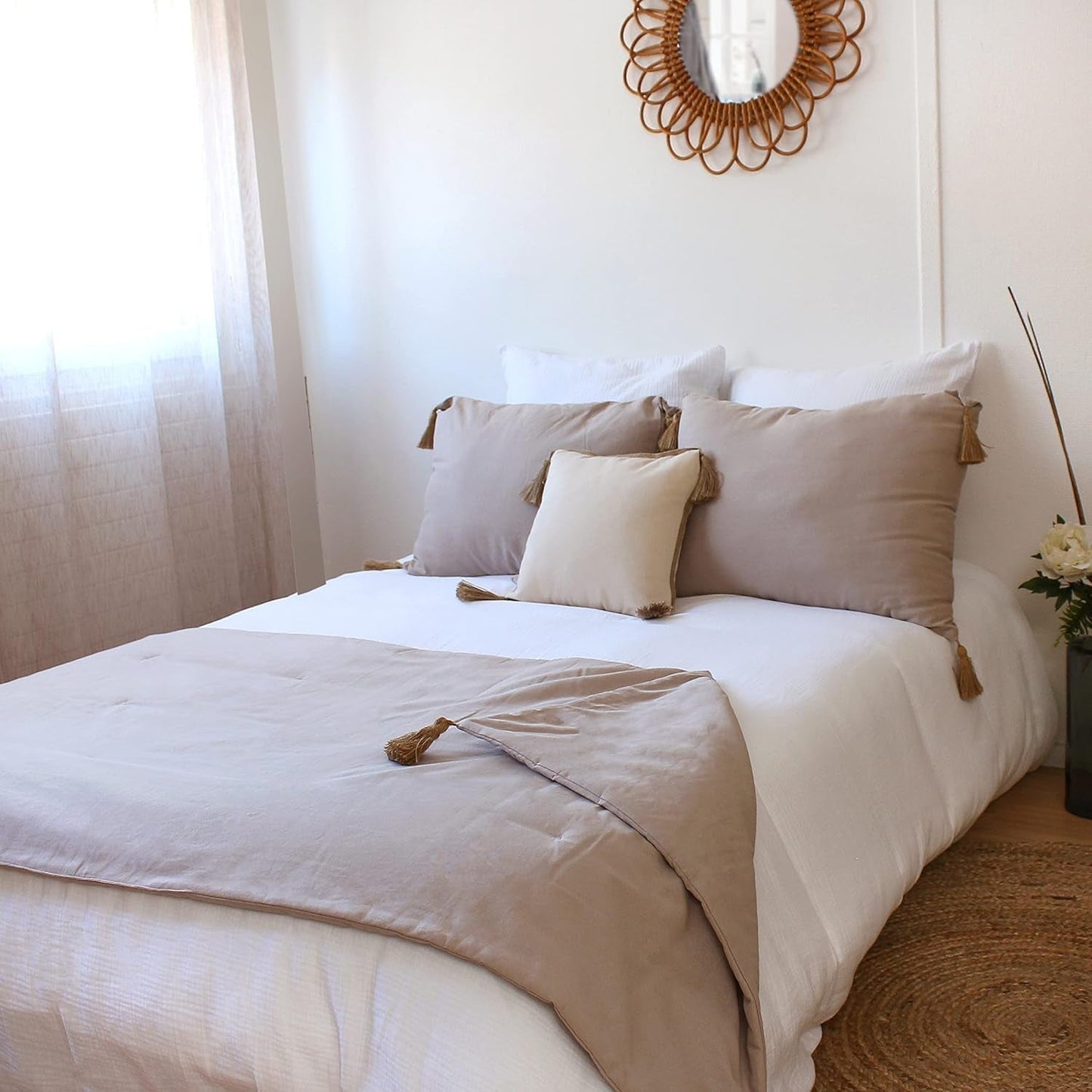 Enjoy Home Deken, Beige, Naturel, Met 4 Jute Pompons, 90 X 190 Cm, 100% Katoen, Oeko-Tex Gecertificeerd, Panama Collectie Naty Shop Dekens en Quilts