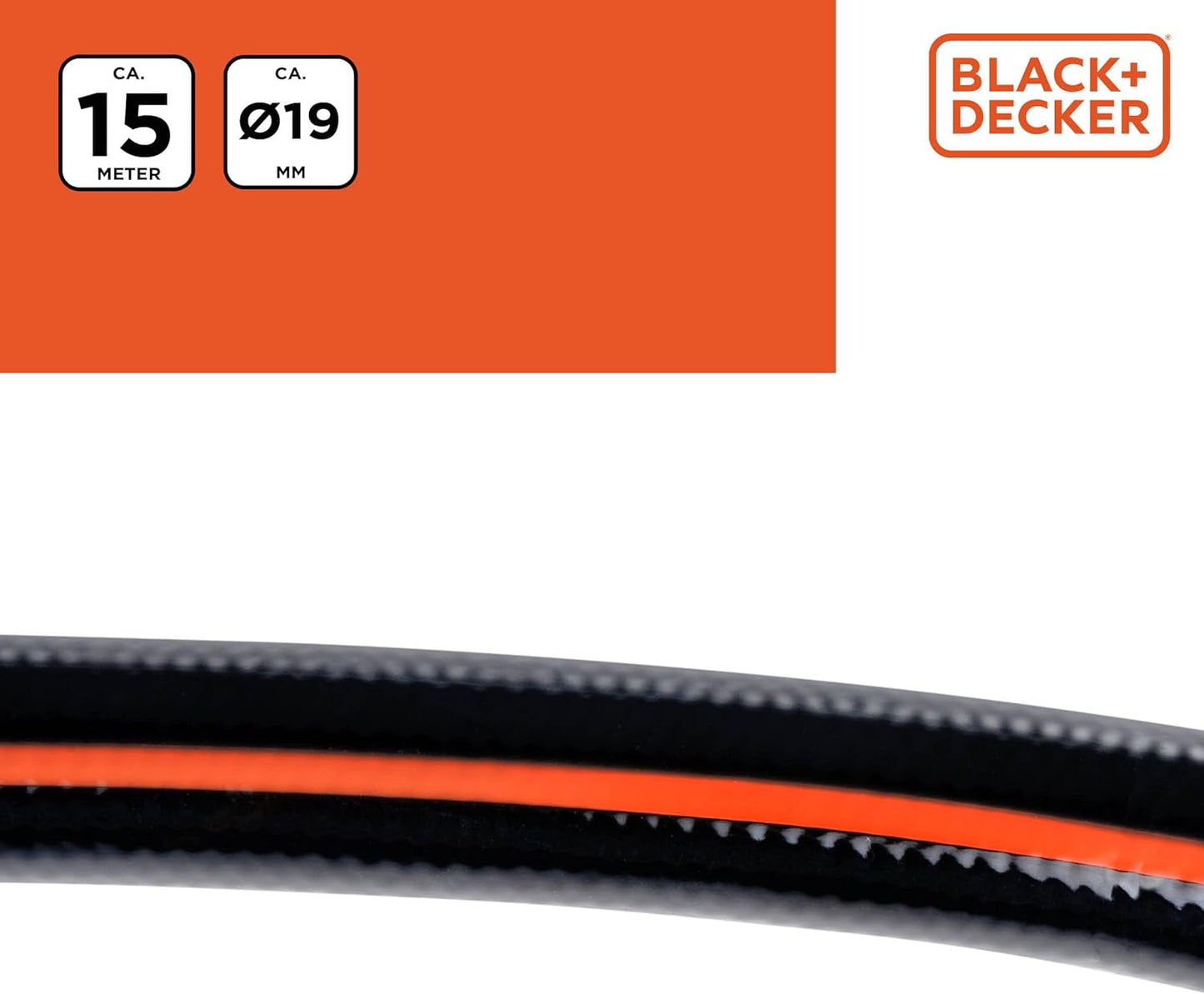 BLACK+DECKER Tuinslang 15 meter - Ø19MM - Duurzaam PVC - Tuin besproeien, auto wassen, zwembad vullen - Compatibel met elke standaard kraan - Zwart/Oranje
