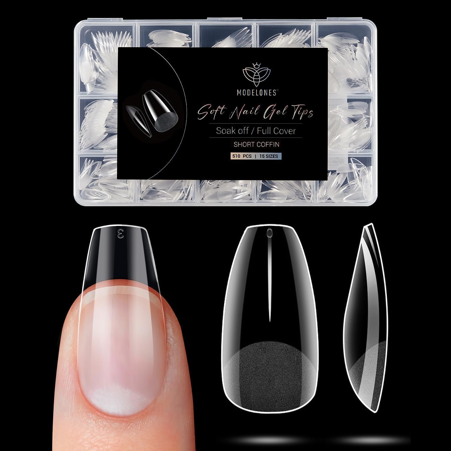 Modelones nageltips 510-delig - volledig dekkende nageltipsset, geltipsset, pre-polijst PMMA-hars nageltips, kunstnagels voor lijm op nail art DIY, korte Squoval