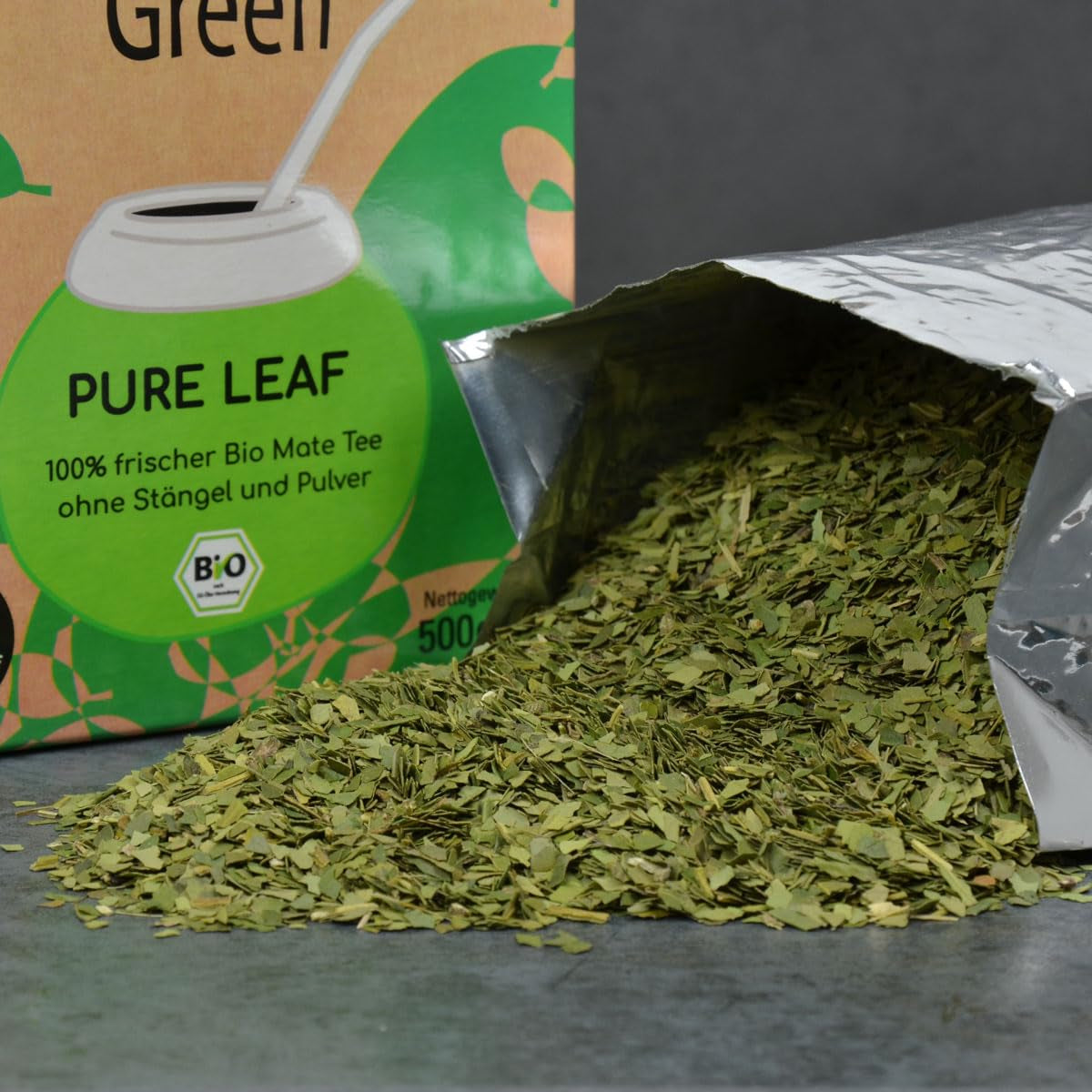Delicatino - Natuurlijk groen PURE LEAF 500G, biologische yerba mate stengelloos, vers en rookloos, biologisch geteeld, vacuüm verpakt voor maximale versheid