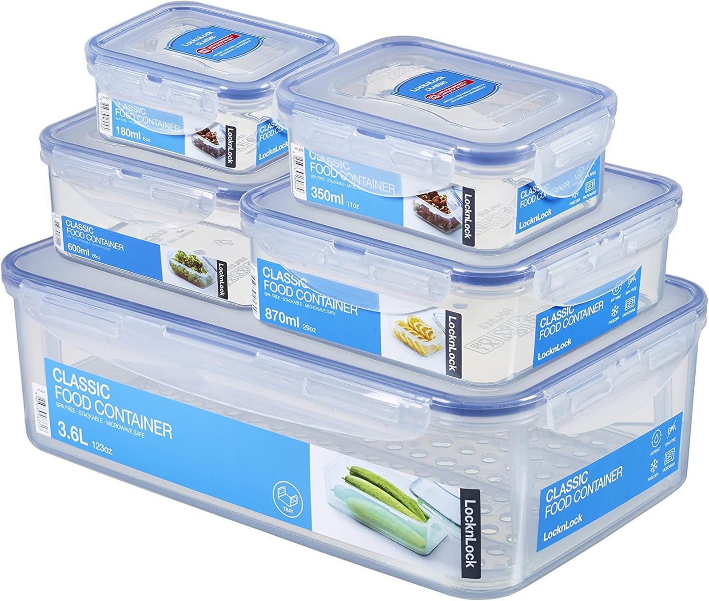 LocknLock PP Classic voedselbewaarpottenset 5-delig | 180 ml, 350 ml, 600 ml, 870 ml, 3,6 liter | 100% lucht- en waterdicht | zonder BPA | vriezer- en koelkastorganizer | vaatwasser- en magnetronbestendig Voedselbewaardozen Naty Shop Vierkant 5st.
