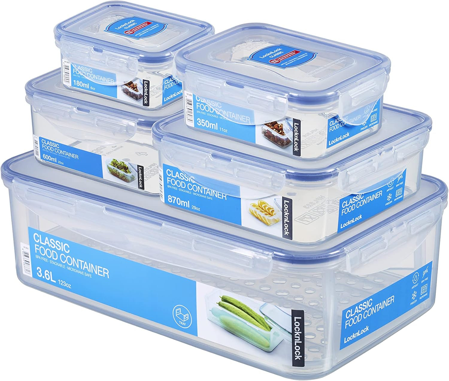 LocknLock PP Classic voedselbewaarpottenset 5-delig | 180 ml, 350 ml, 600 ml, 870 ml, 3,6 liter | 100% lucht- en waterdicht | zonder BPA | vriezer- en koelkastorganizer | vaatwasser- en magnetronbestendig Voedselbewaardozen Naty Shop Vierkant 5st.