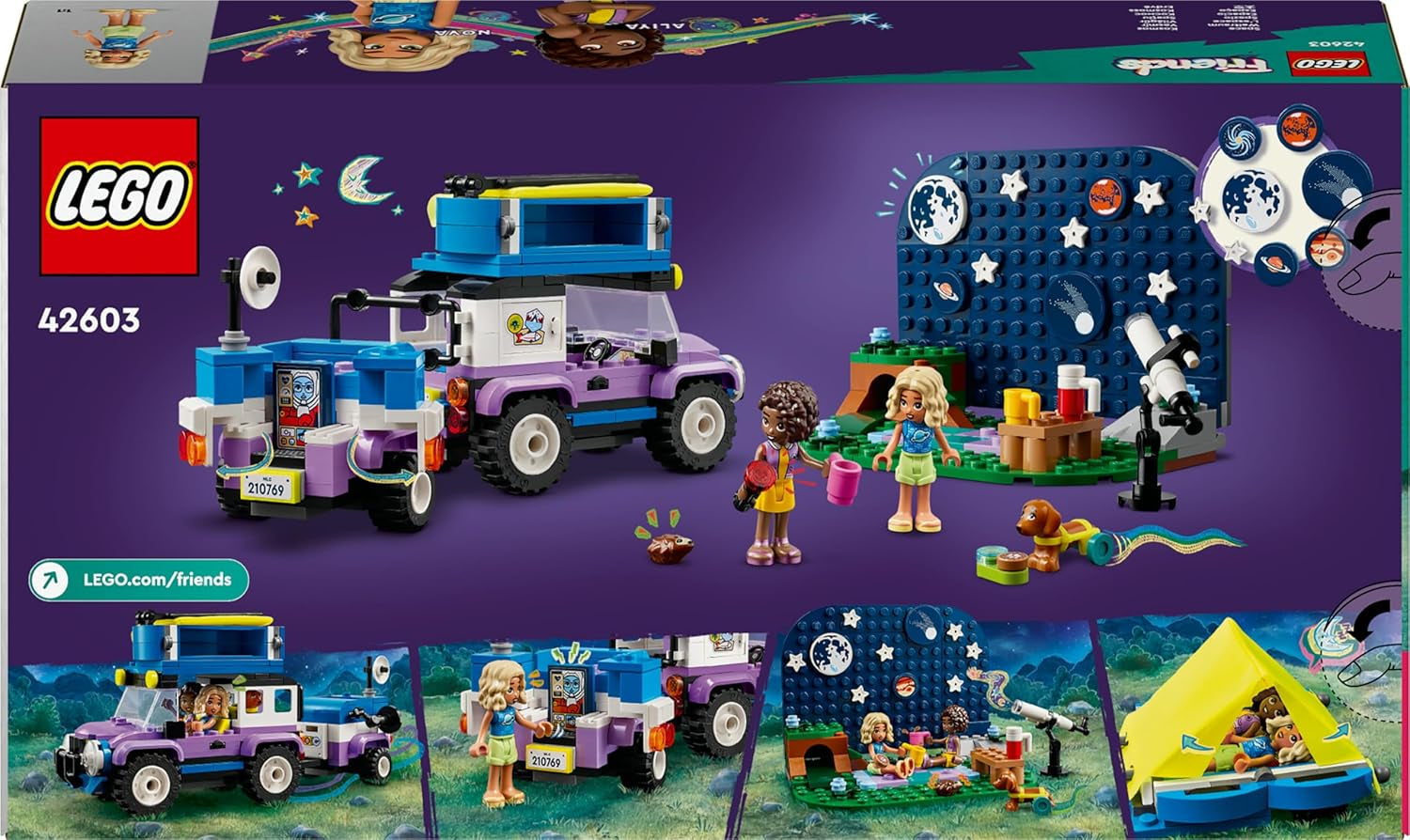 LEGO Friends Stargazer kampeervoertuigset met terreinvoertuig en speelgoedtelescoop, cadeau voor meisjes en jongens vanaf 7 jaar, inclusief speelfiguren Nova, Aliya en een hond 42603 Bouwsets Besuche in LEGO-Store