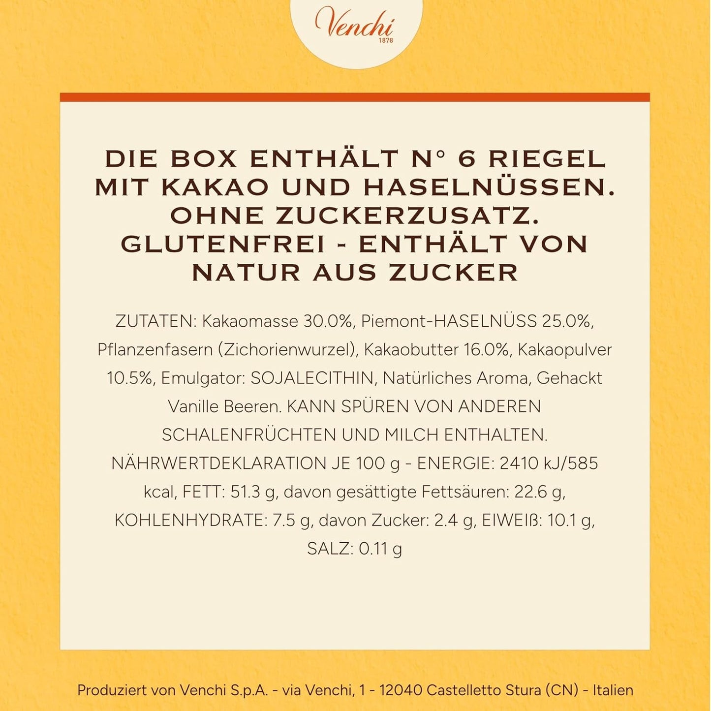 Venchi - Pak van 6 pure chocoladerepen met hazelnoten, 600g - Geen toegevoegde suikers - Geen kunstmatige zoetstoffen - Glutenvrij - Veganistisch - Cadeauidee