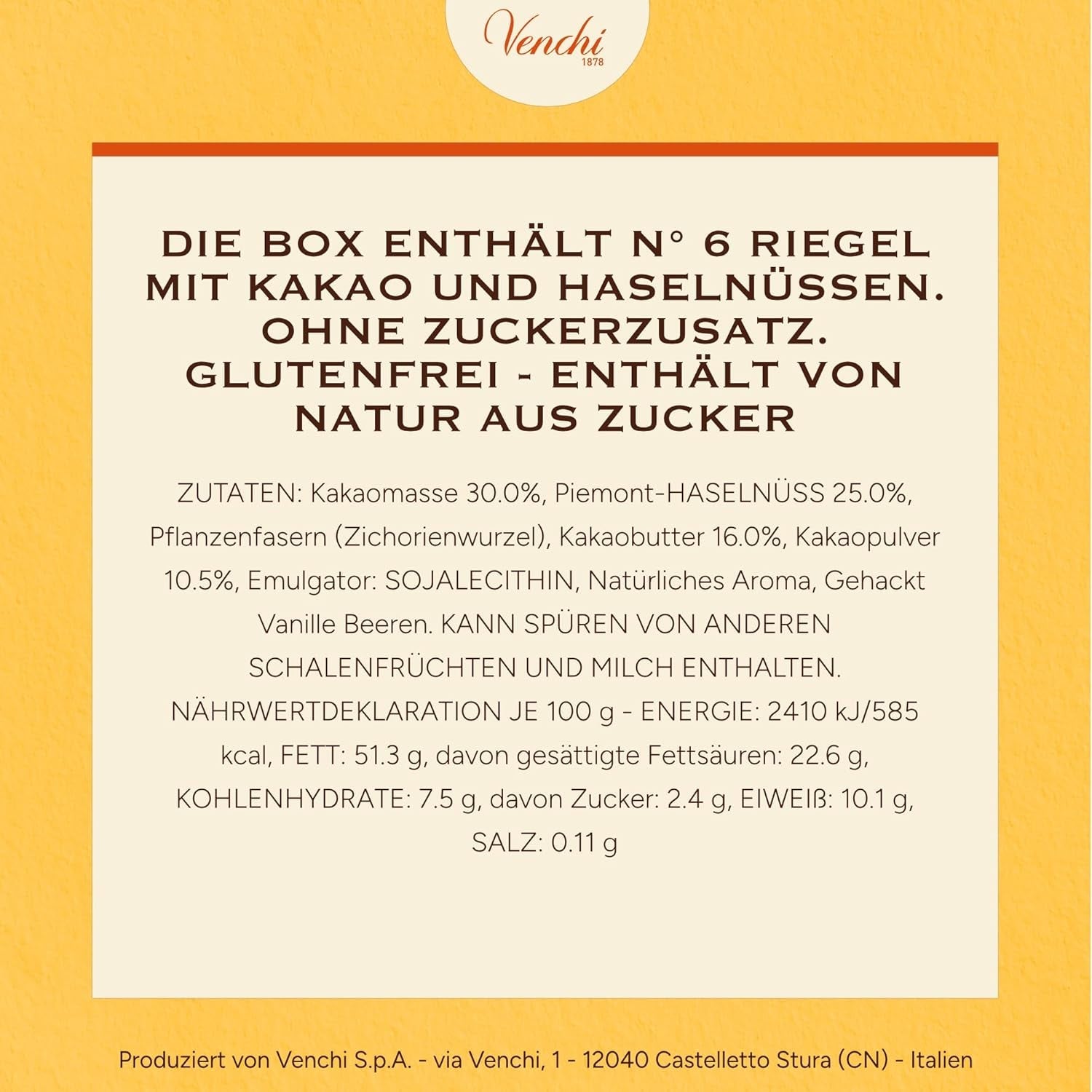 Venchi - Pak van 6 pure chocoladerepen met hazelnoten, 600g - Geen toegevoegde suikers - Geen kunstmatige zoetstoffen - Glutenvrij - Veganistisch - Cadeauidee