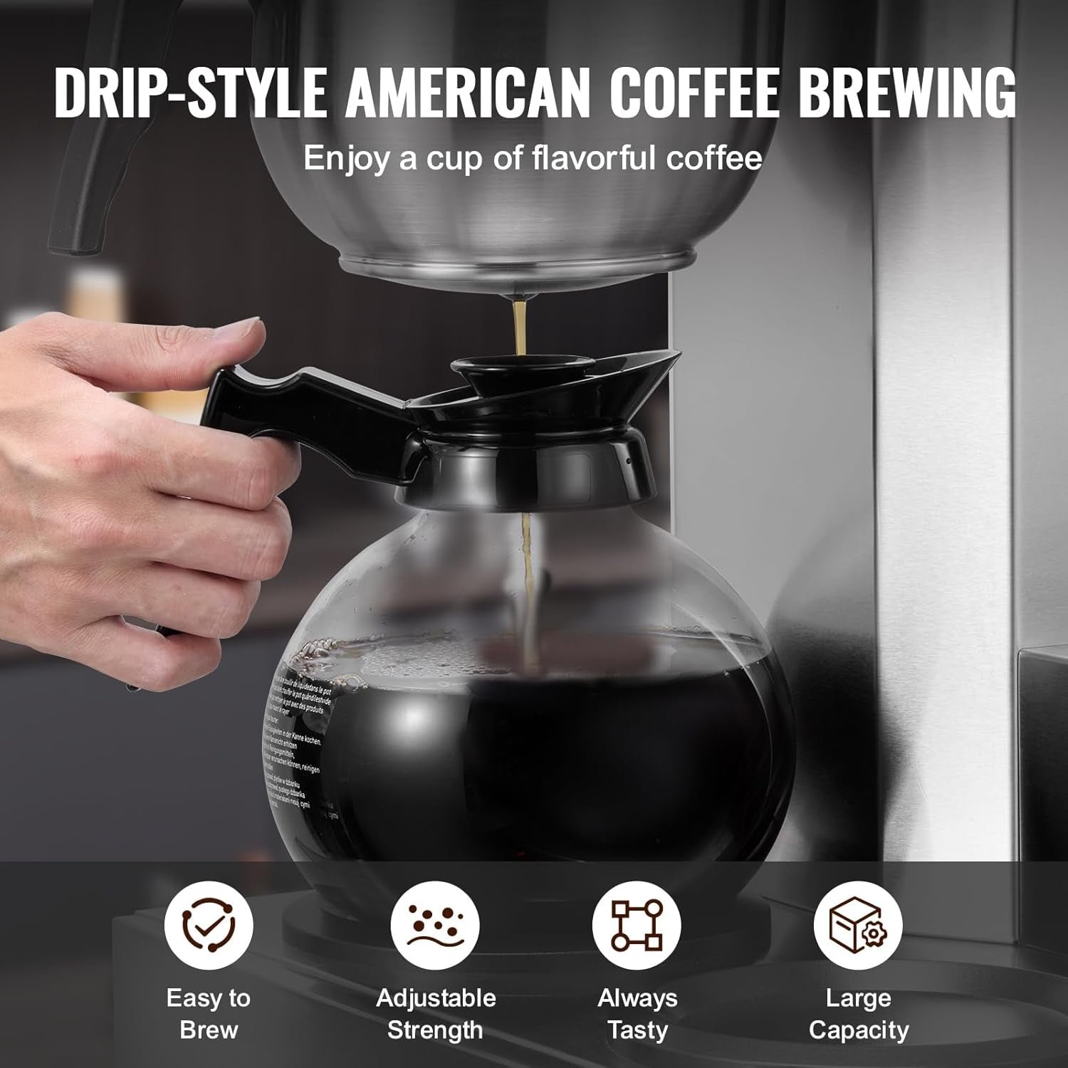VEVOR Commerciële filter-espressomachine met 12 kopjes, 3 glazen karaffen en 3 verwarmingsplaten, roestvrijstalen espressomachine met automatische watertoevoer voor restaurant, kantoor, koffiebar