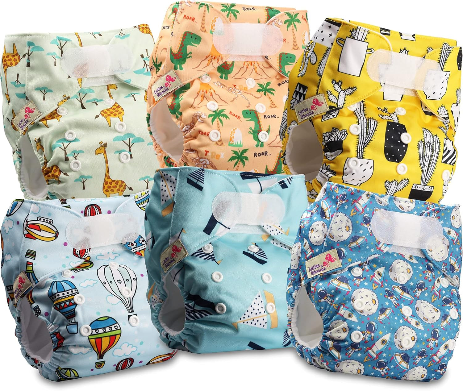 Littles and Bloomz herbruikbare luier FLV2-0602, standaard klittenbandsluiting, 6 luiers