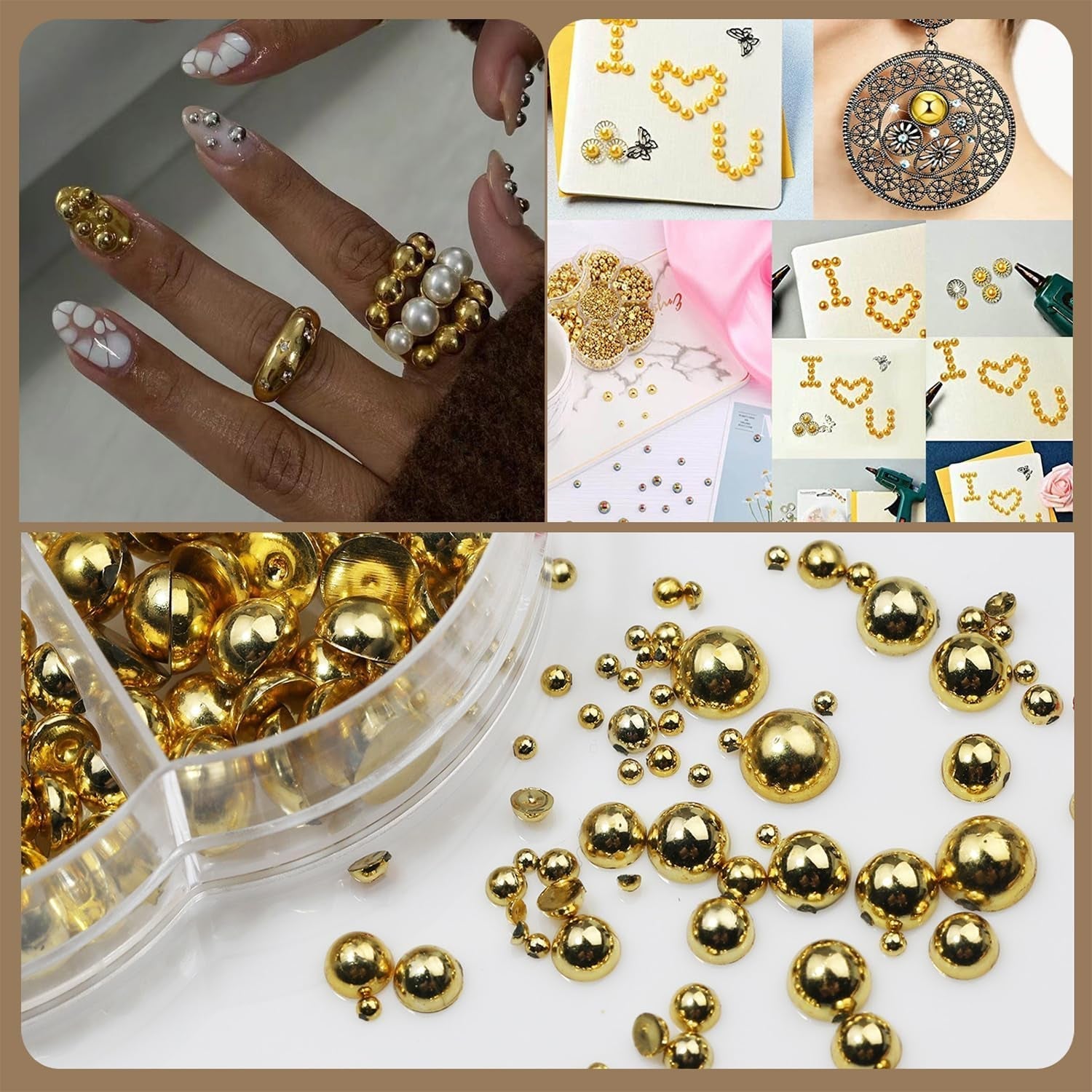 GZMAYUEN 920 Stuks Goud Zilver Plaksteen Perlen Voor Nagel, Halbrunde Weiße Beige Nagel Perlen, Kleine Halbrunde Plaksteen Perlen Voor DIY Nail Art Decor