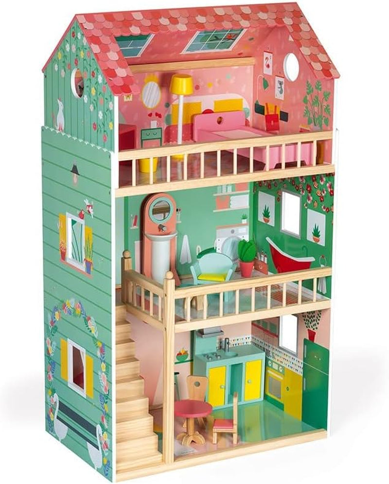 Janod - Mademoiselle houten poppenhuis, 3 lagen en 11 accessoires, replica speelgoed ontwikkelt fantasie vanaf 3 jaar J06581 Roze Naty Shop poppenhuizen Een gelukkige dag