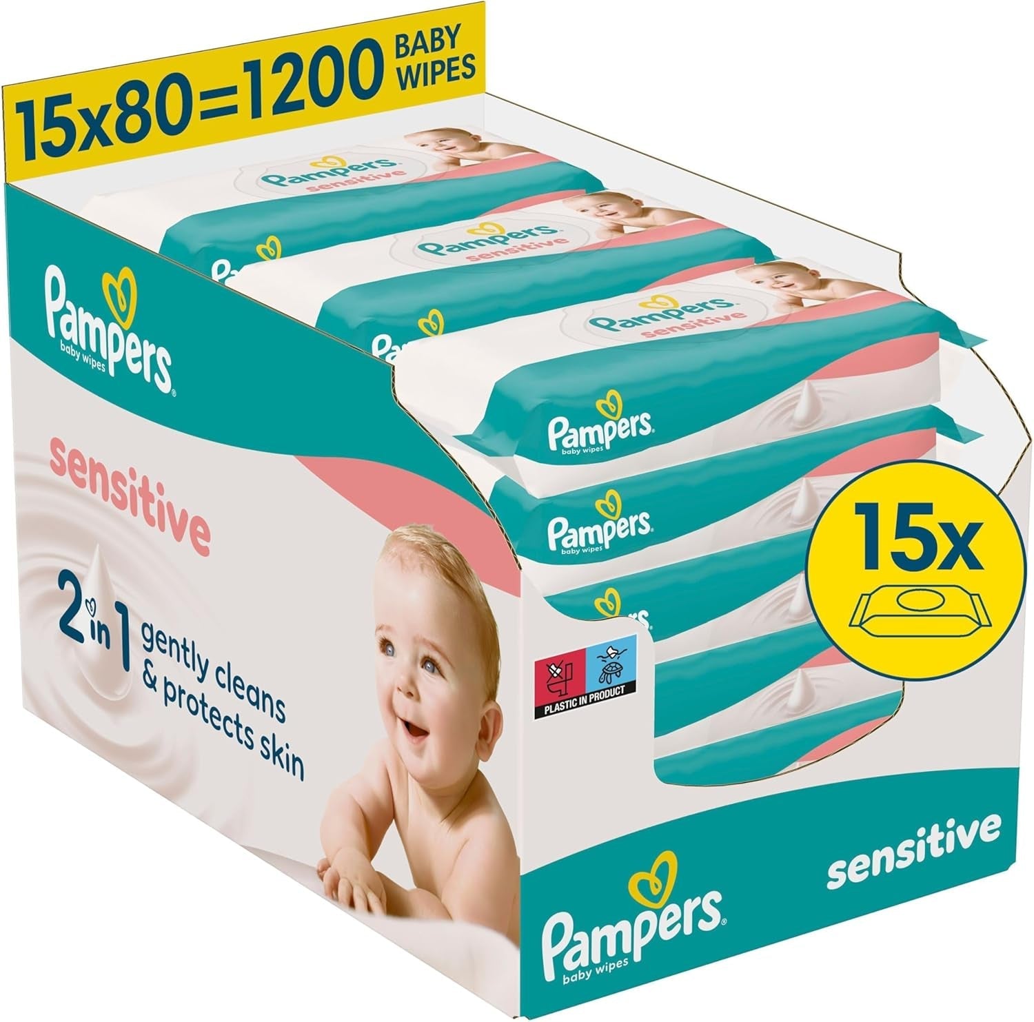 Pampers Sensitive babydoekjes, 15 stuks van 80 doekjes, 1200 babydoekjes, 2-in-1 zachte reiniging en huidbescherming