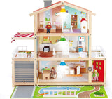 E3405 - Poppenhuis, poppenhuis met accessoires, van hout en E3500 - Poppenfamilie, lichte huid