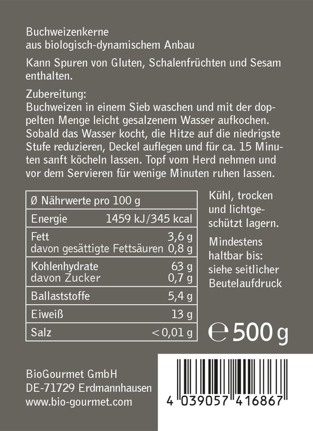 Boekweit BioGourmet Demeter – zak van 500 g | Glutenvrij, vezelrijk en regionaal | Afkomstig uit de Duitse biologische landbouw (Baden-Württemberg/Beieren) | Ideaal voor muesli, salades en bijgerechten