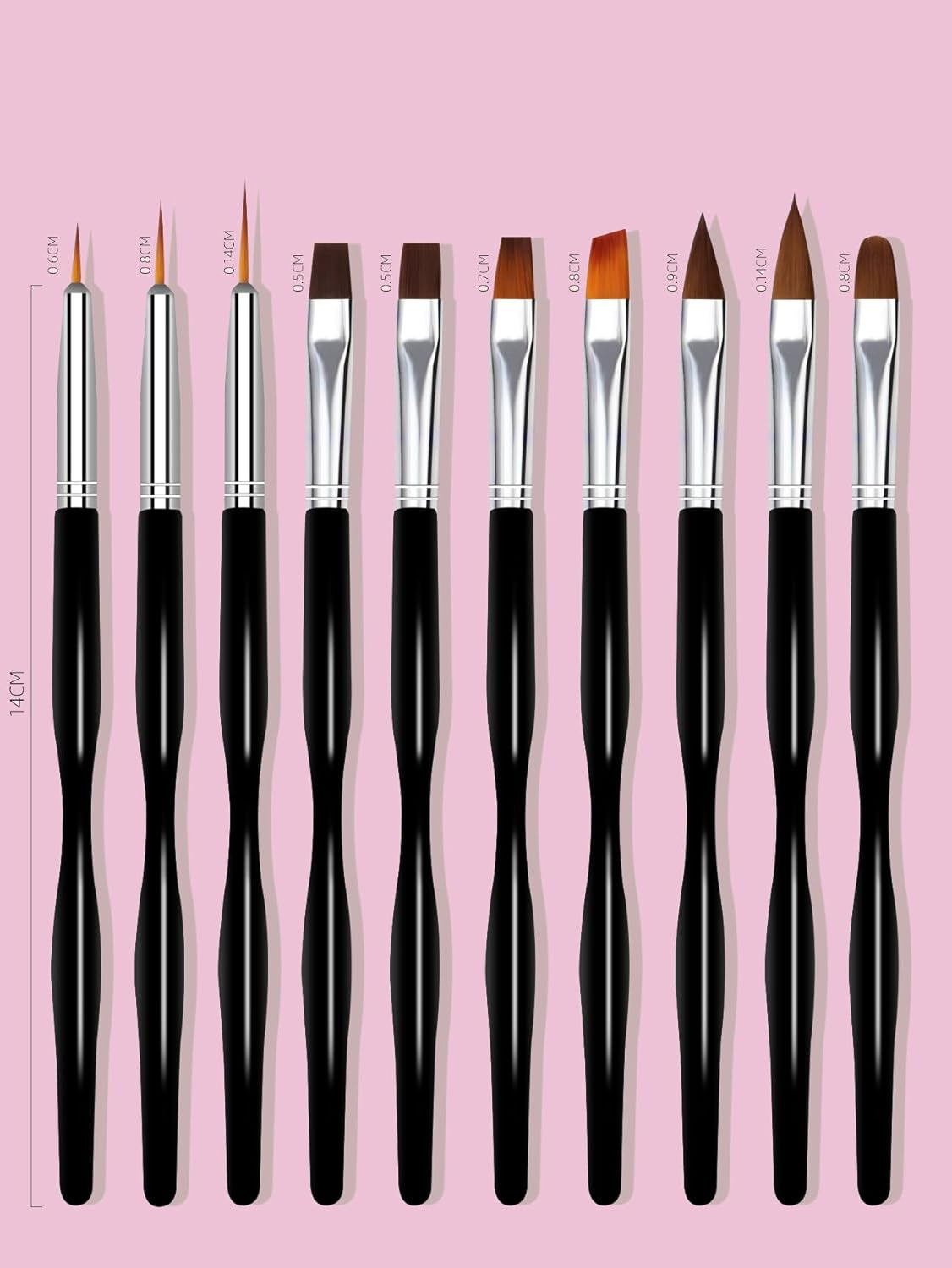 Nail Art Pinsel Set, 10-delige Nageldesign Malerei Pinsel, Professionelle Nail Art Design Pinsel, Nail Fine Liner Pinsel, Zwart