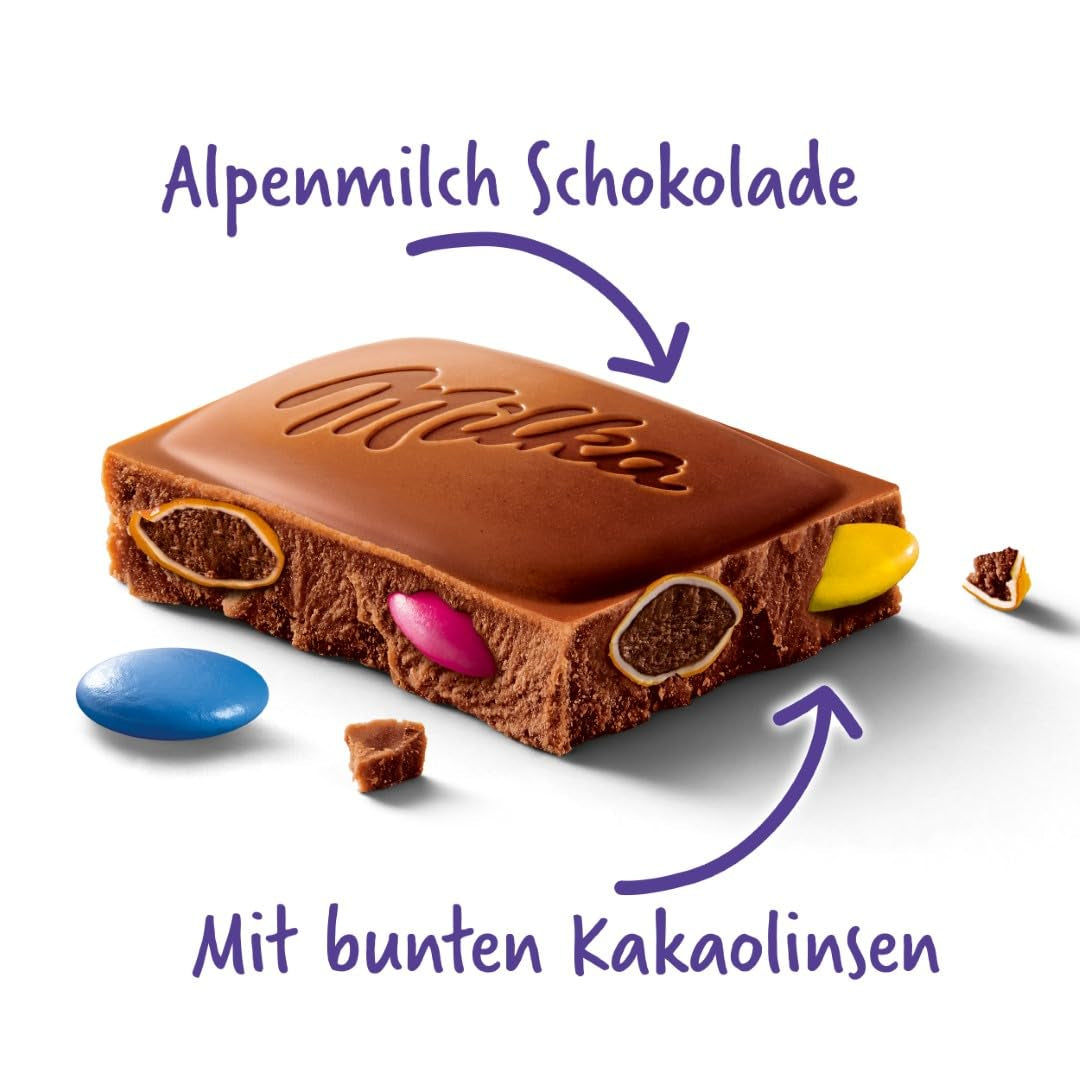 Milka chocolade met linzen gekleurd met cacao - Alpenmelkchocolade met knapperige linzen met chocolade - 100g