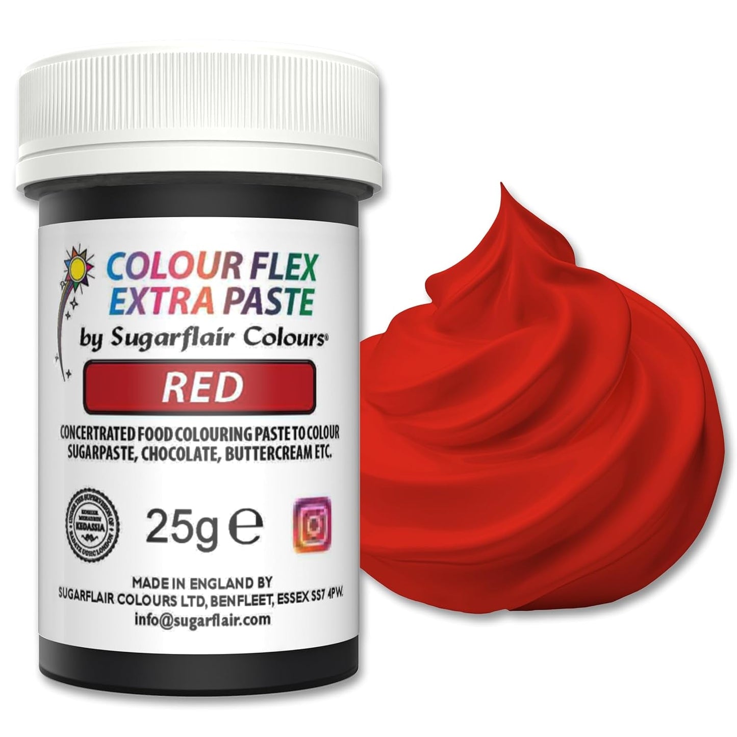 Sugarflair Colourflex Extra Paste voedingskleurstof, rood - Eetbare voedingskleurstof voor botercrème, chocolade, suikerpasta, glazuur, fondant, cakemixen, deeg en meer - 25g