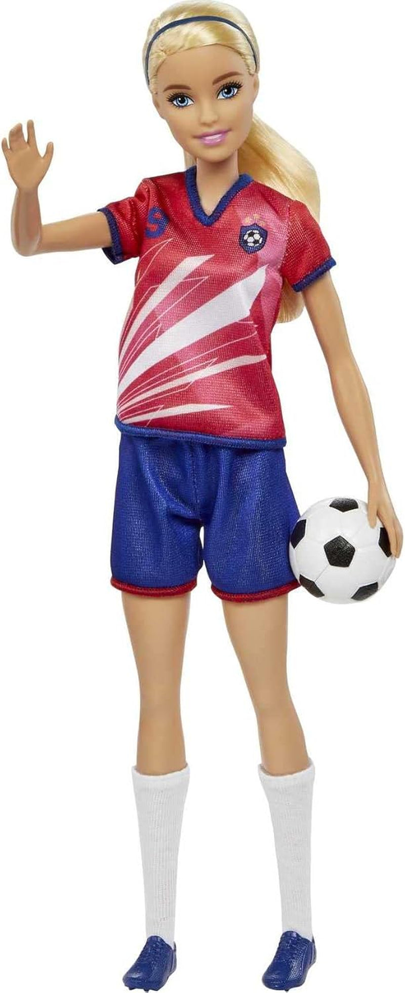 Barbie You Can Be Anything-serie, voetbalspeler, voetbalspeler met blond haar, rode en blauwe trui, bal, accessoires, pop inbegrepen, cadeau voor 3 jaar en ouder, HCN17