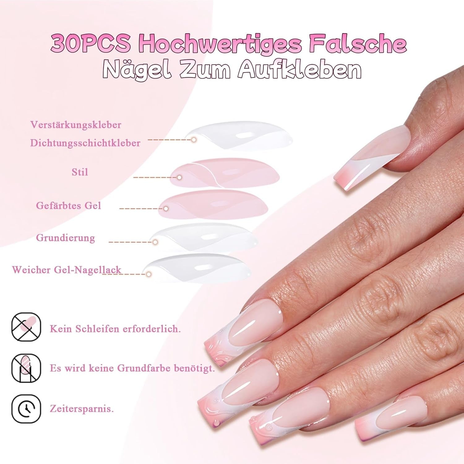 30 stuks Franse nepnagels - lijm op kunstnagels - zachte gelnagels voor dames - acryl zelfklevende nagels vierkante manicure (Frans roze)
