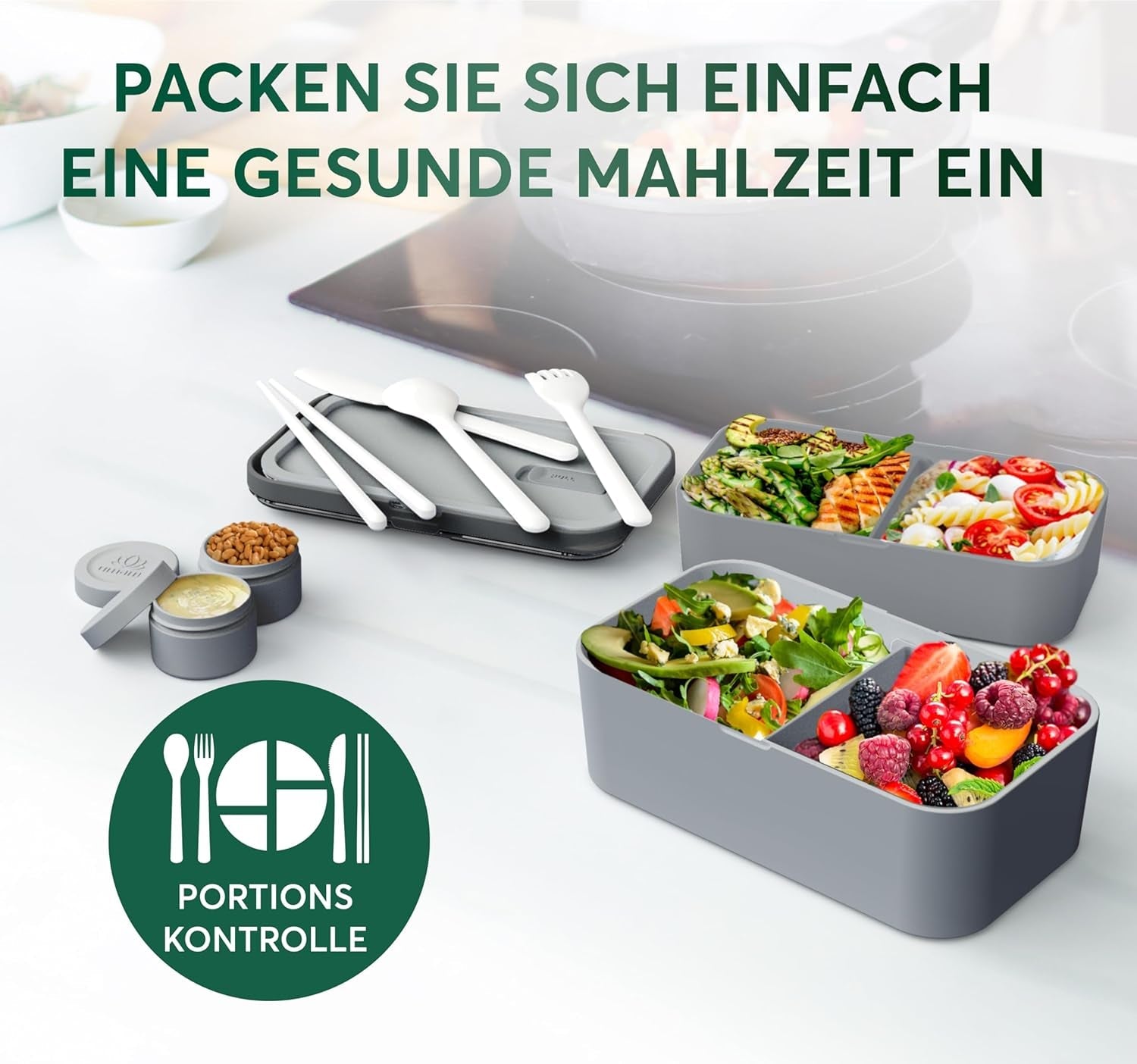 Umami lunchbox voor volwassenen, stapelbare bentobox met 4 bestek en vakken, lunchbox voor volwassenen, saladecontainer voor onderweg, picknick-/kantoorlunchbox, houtskoolgrijs, 1500 ml voedselbewaardozen Naty Shop