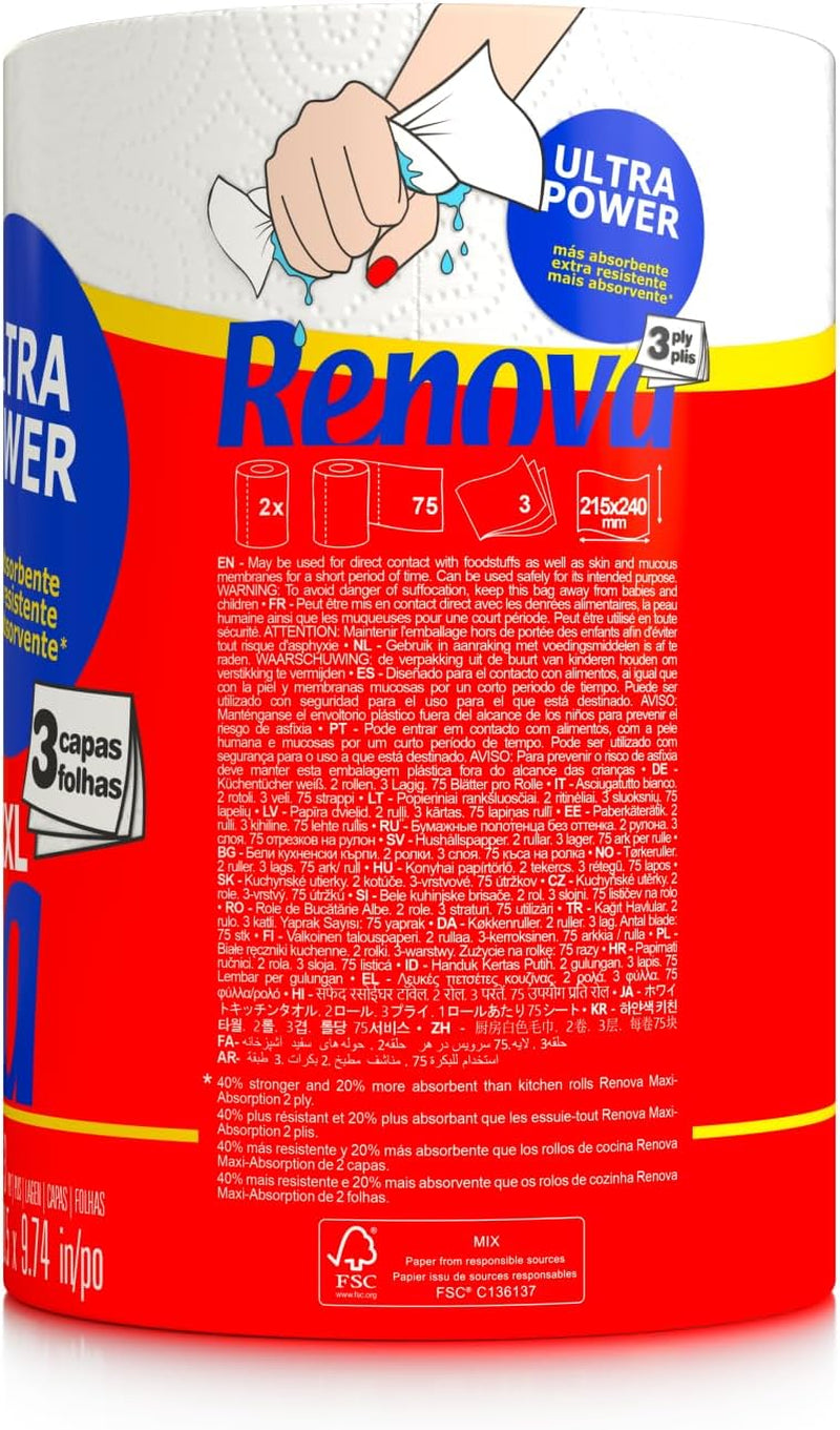 Keukenrollen Renova Renova Ultrapower | 24 XXL-rollen = 60 standaardrollen | 3 ultra-absorberende lagen met maximale weerstand | Fsc-gecertificeerd papier