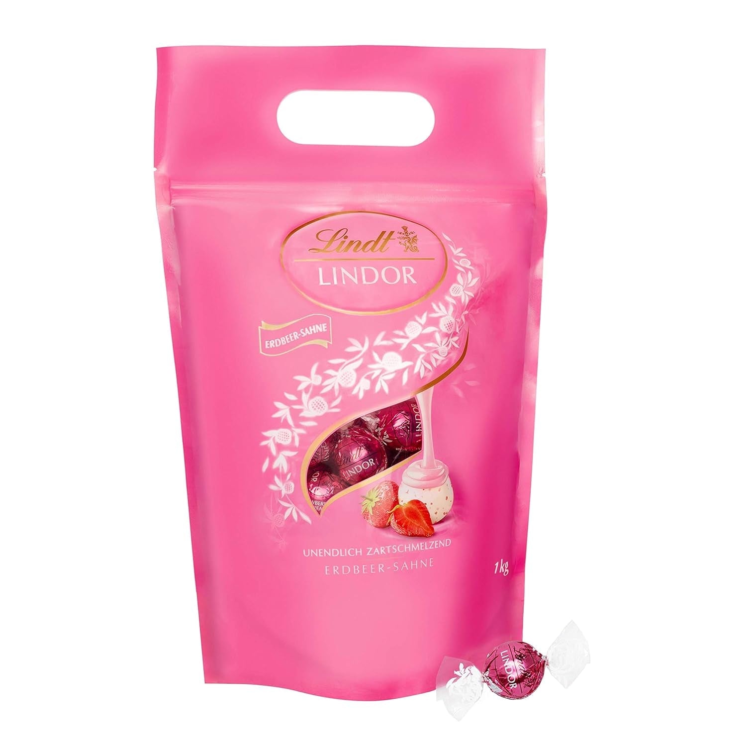 Lindt LINDOR Extra pure chocoladeballetjes en LINDOR Aardbeiencreme chocoladeballetjes | Hersluitbare zak van 1 kg | ca. 80 witte chocoladebolletjes met aardbeiencrème